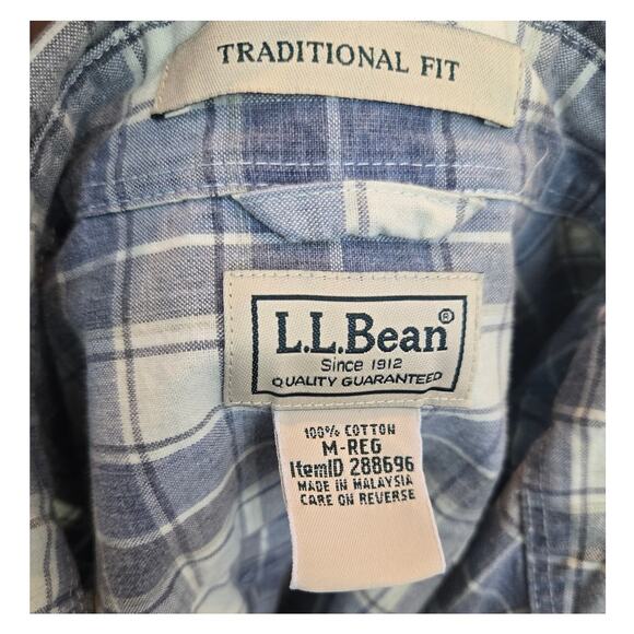 LL Bean Blue Plaid Button Down Short Sleeve Shirt 100% Cotton Mens Medium - Picture 4 of 5